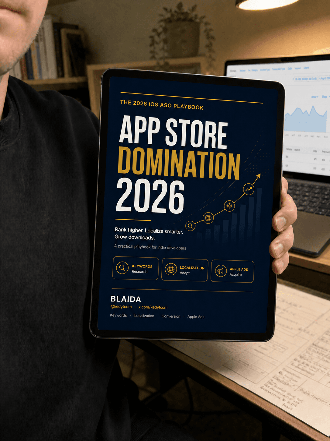 Indie developer holding The 2026 iOS ASO Playbook beside App Store Connect analytics